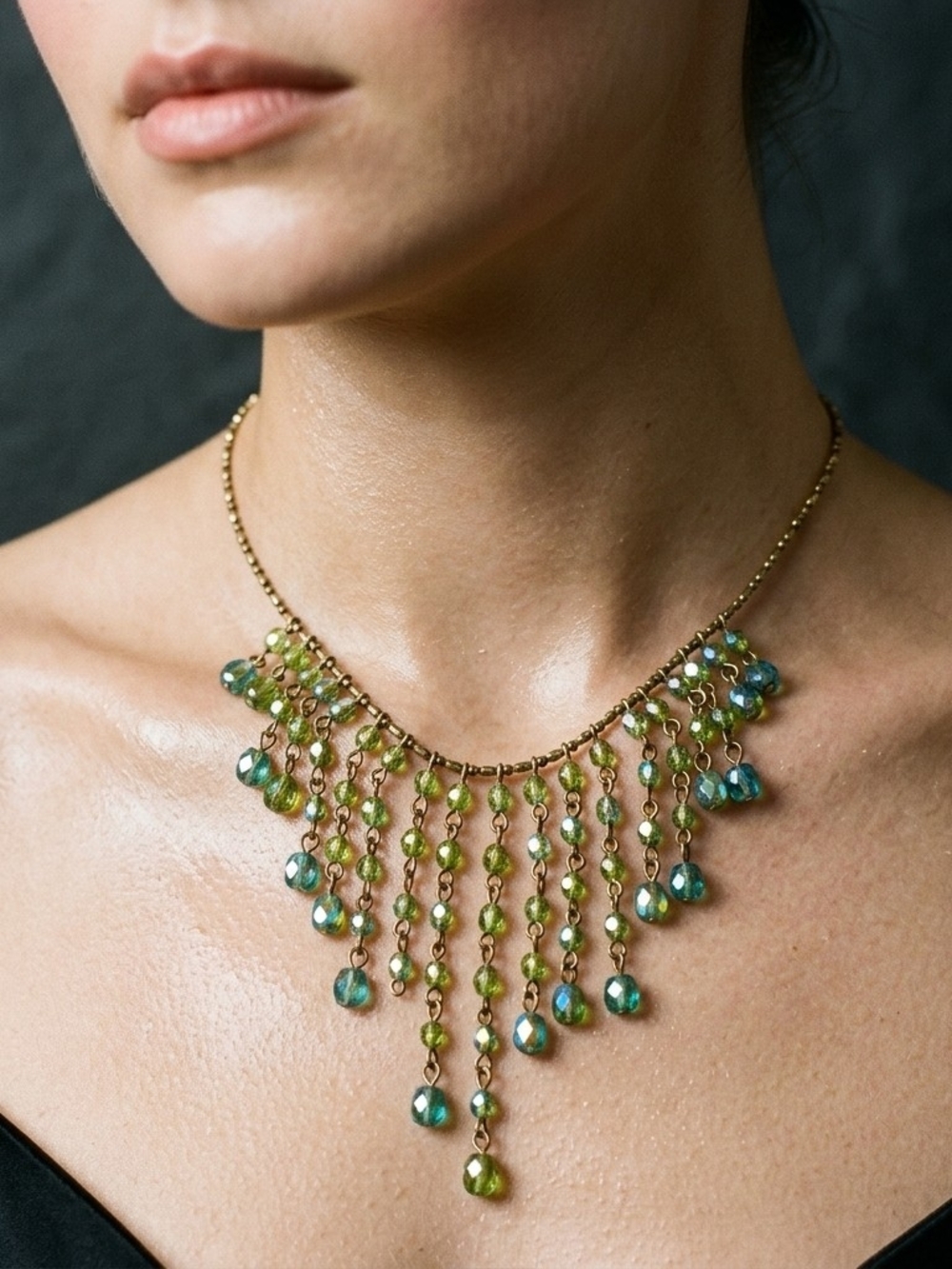 Vintage Bronze Beaded Fringe Drop Choker Necklace Green Peridot Teal Iridescent